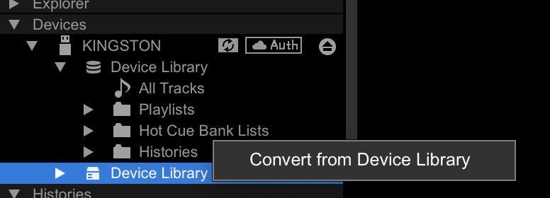 A screenshot of a device in Rekordbox with Convert From Device Library right clicked